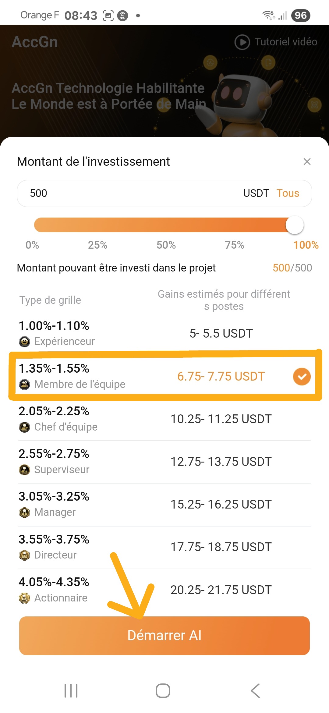 Fourchette de gains et démarrage